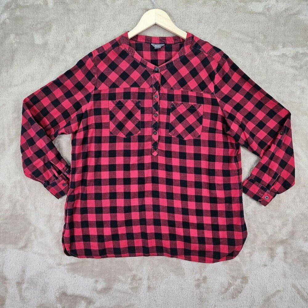 Eddie Bauer Henley Shirt Women's XXL Red Black Buffalo Plaid Long Sleeve Outdoor